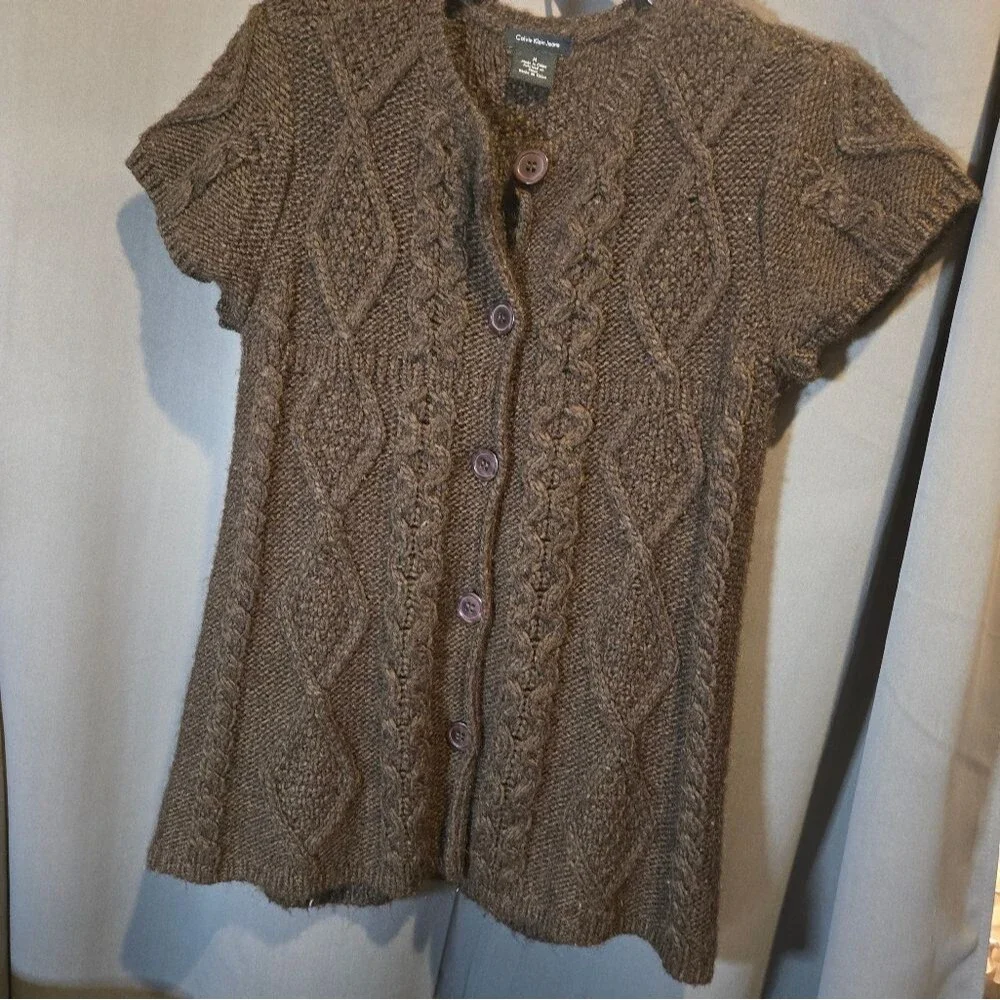 Calvin Klein Jeans Brown Wool Blend Cable Knit Short Sleeve Sweater, Medium
